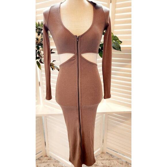 FASHION NOVA BROWN NEW MIDRIFF BODYCON DRESS SIZE SMALL - Picture 2 of 8